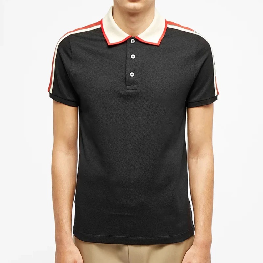 Authentic Gucci Black Polo Shirt with Red and White Collar size medium.
